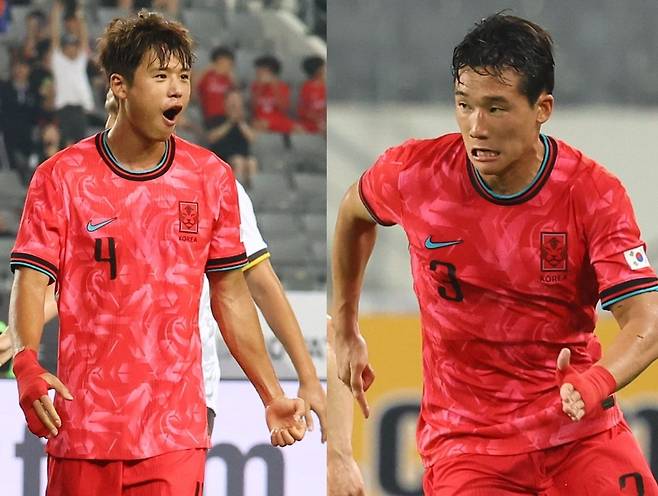 한국 축구 대표팀의 김주성(왼쪽)이 지난 7일 용인 미르스타디움에서 열린 중국과의 2025 동아시아축구연맹(EAFF) E-1 챔피언십(동아시안컵) 경기에서 골을 넣은 뒤 기뻐하고 있다. 오른쪽 사진은 드리블 돌파 중인 이태석. 뉴시스