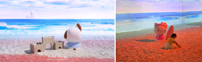 (좌) 포차코 조형물이 있는 해변 콘셉트 공간/ 사진=디스트릭트 (우) 모래놀이를 하고 있는 어린이 관람객의 모습 / 사진=김혜성 여행+ 기자