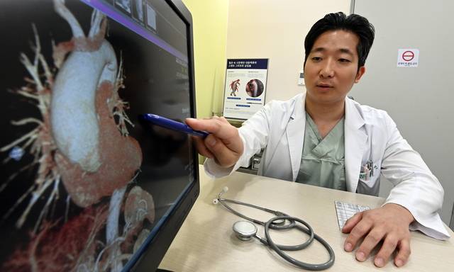 손봉연 부천세종병원 진료협력센터장이 지난 22일 부천세종병원에서 진행된 문화일보와의 인터뷰에서 의료용 모니터를 가리키며 심장 구조를 설명하고 있다.  곽성호 기자