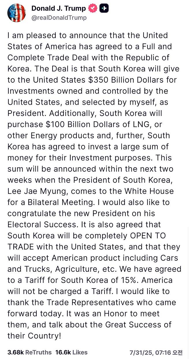 도널드 트럼프 미국 대통령이 30일(현지시간) 자신의 소셜미디어에 게시한 한미무역 협상 타결 게시글.  [트루스소셜 캡처]