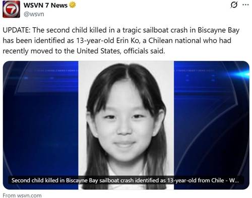 미국 선박-요트 충돌사고 희생자 신원을 보도한 WSVN 엑스 게시물 [@WSVN X 게시물 캡처. 재판매 및 DB 금지]