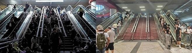 지난 4월 28일 발생한 대정전 사태로 스페인과 포르투칼이 순식간에 마비됐다. 철도와 항공, 통신 등이 먹통되면서 나라 전체가 혼란에 빠졌으며 전력 공급이 완전히 복구되는데까지 정작 18시간이 걸렸다. 정전 당시 마드리드 아토차(Atocha) 기차역은 발이 묶인 승객들이 계단에서 대기하면서 아수라장이 됐다.(왼쪽 사진). 지난 4일 아토차 기차역에서 승객들이 에스칼레이터를 타고 질서있게 오르내리고 있다.(오른쪽 사진)  로이터 연합뉴스·마드리드 장진복 기자