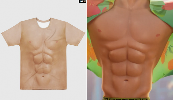 넷플릭스 애니메이션 ‘케이팝 데몬 헌터스’(케데헌) 속 보이그룹 사자보이즈 멤버 애비의 복근(오른쪽)을 재현한 ‘복근 티셔츠’가 최근 공식 굿즈(상품)로 출시됐다. 넷플릭스 공식 상품 판매 웹사이트·‘케데헌’ 캡처