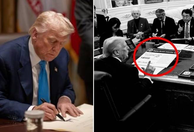 왼쪽은 미국 현지시간으로 31일 오전(현지시간) 백악관이 공식 페이스북 계정에 한국과의 관세 협상 타결을 밝히면서 공개한 트럼프 대통령의 서명 사진.  오른쪼은 트럼프 대통령이 22일 백악관 집무실에서 일본의 무역 협상팀과 만난 자리에서 일본의 대미 투자액으로 4000억 달러라고 인쇄된 수치를 지우고 수기로 5000억 달러로 적는 모습. 백악관 엑스 캡처