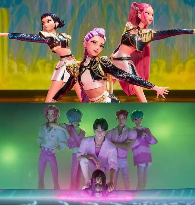 넷플릭스 ‘케이팜 데몬 헌터스’에 등장하는 아이돌 그룹 ‘헌트릭스’와 ‘사자보이즈’. 사진ㅣ넷플릭스