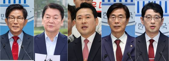 국민의힘은 8·22 전당대회 당 대표 후보 등록 마감 결과 김문수 전 고용노동부 장관, 안철수 의원, 장동혁 의원, 조경태 의원, 주진우 의원(왼쪽부터, 가나다순) 등 총 5명이 신청했다고 밝혔다. 연합뉴스