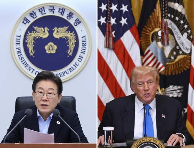President Lee Jae-myung speaks during a senior secretariat meeting at the presidential office in Yongsan, Seoul, on July 31 (left photo). U.S. President Donald Trump speaks at a White House event on July 30 (local time) promoting the use of mobile apps to manage personal medical records. / The presidential office press corps, AP-Yonhap