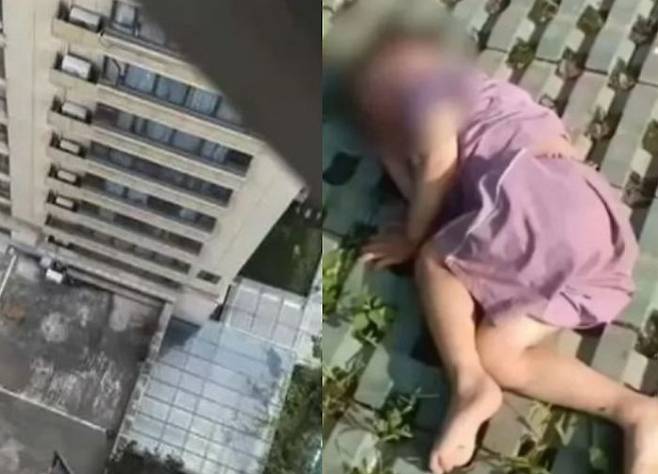 3살 아이가 추락한 아파트 18층 창문에서 아래를 내려다본 모습 ⓒSCMP 갈무리