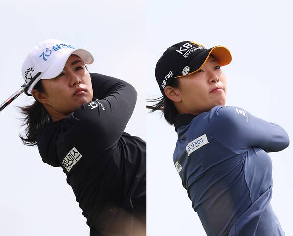 전인지, 고진영, 김효주, 최혜진, 유해란, 김세영, 윤이나, 방신실, 이소미, 임진희 프로, 이민지, 리디아 고, 넬리 코다, 이민지 등이 출전한 2025년 미국여자프로골프(LPGA) 투어 메이저 골프대회 AIG여자오픈. 마다솜, 방신실 프로가 경기하는 모습이다. 사진제공=Oisin Keniry/R&A/R&A via Getty Images