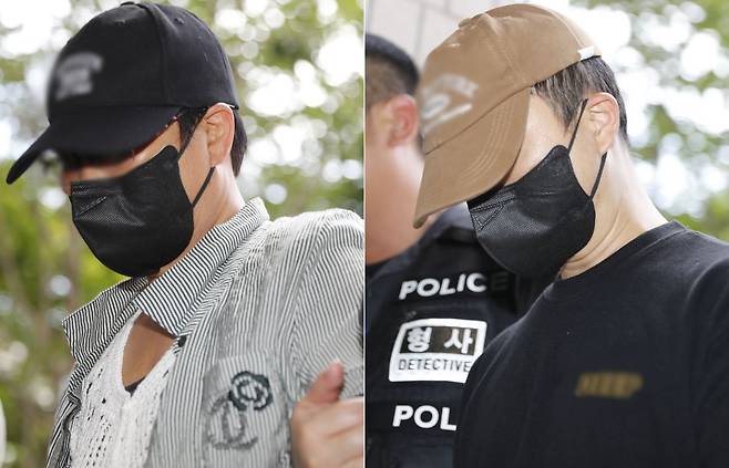 남편의 중요 부위를 흉기로 절단해 살해하려 한 혐의를 받는 50대 아내(왼쪽 사진)와 범행에 가담한 30대 사위가 2일 오후 인천 미추홀구 인천지방법원에서 구속 전 피의자 심문(영장실질심사)를 받기 위해 출석하고 있다. 뉴시스