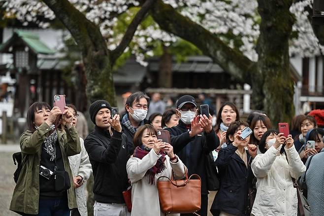 일본 야스쿠니 신사에서 사진을 찍는 사람들 [사진 출처 APF = 연합뉴스]