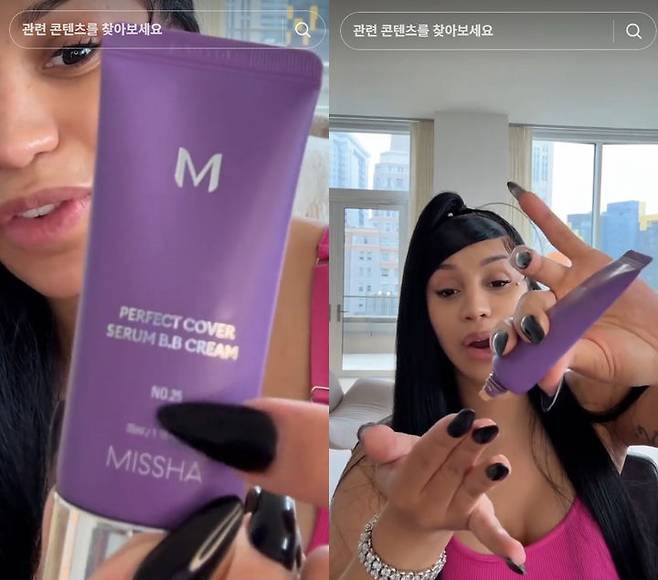 지난달 7일 미국 여성 래퍼 카디비(Cardi B)가 자신의 SNS에서 미샤의 'M 퍼펙트 커버 세럼 BB크림'을 사용하는 모습을 공개했다.(사진=에이블씨엔씨 제공) *재판매 및 DB 금지