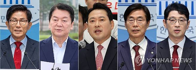 (서울=연합뉴스) 황광모 김주성 박동주 기자 = 국민의힘은 8·22 전당대회 당 대표 후보 등록 마감 결과 김문수 전 고용노동부 장관, 안철수 의원, 장동혁 의원, 조경태 의원, 주진우 의원(왼쪽부터,가나다순) 등 총 5명이 신청했다고 31일 밝혔다. 사진은 당 대표 출마 선언 기자회견을 하는 5인의 당권 주자들. 2025.7.31 [연합뉴스 자료사진] hkmpooh@yna.co.kr 연합뉴스