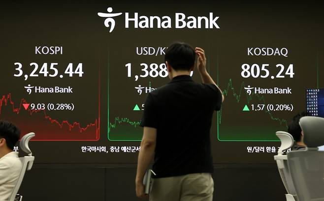 31일 오후 서울 중구 하나은행 딜링룸에서 딜러들이 업무를 보고 있다./사진제공=뉴시스