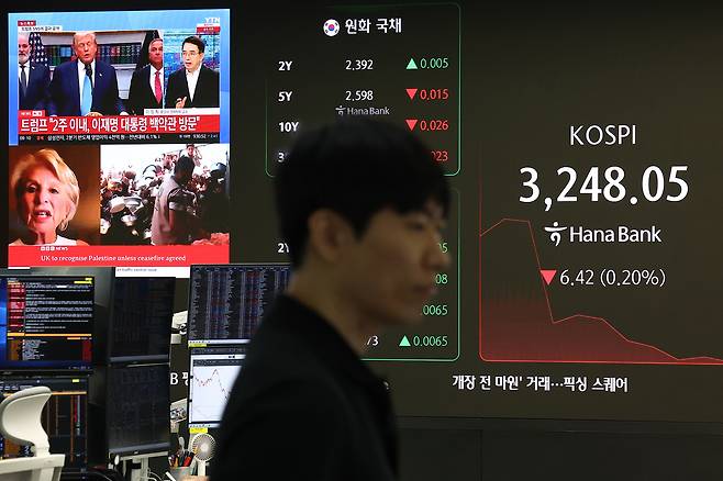 서울 중구 하나은행 본점에서 직원들이 증시와 환율을 모니터하고 있다. [연합]