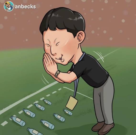 2025 AFF(아세안축구연맹) 23세 이하(U-23) 동남아시아선수권 대회 결승전에서 주심에게 두 손을 모아 고개를 숙이는 김상식 감독을 묘사한 그림. /사진=사오스타, anbecks