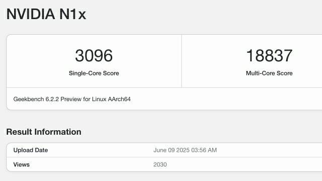 엔비디아 N1X 긱벤치 CPU 벤치마크 결과. 지난 6월 초 노출됐다.