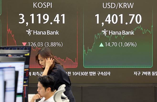 2025년 8월 1일 서울 중구 하나은행 딜링룸에서 코스피, 환율 코스닥이 표시되고 있다. /장경식 기자