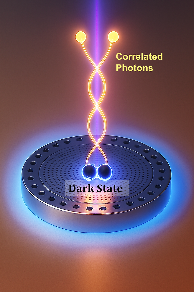 공진기에 결합된 두 양자점이 만든 암흑 상태와 쌍광자 방출 모식도.[UNIST 제공]