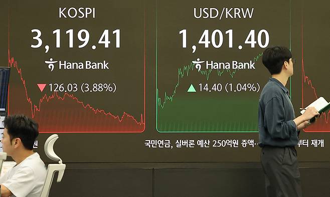 지난 1일 서울 중구 하나은행 본점 딜링룸에서 직원들이 업무를 보고 있다. 연합뉴스