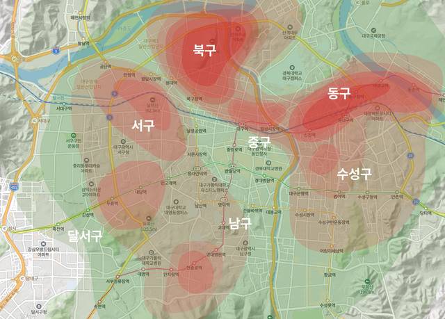 브랜드디자인전문업체 소나무코리아가 'GIS 공간분석' 좌표 변환 시스템을 통해 대구 지역의 빈집 분포를 시각화한 모습. 붉은 색깔이 진할수록 빈집 밀집도가 높은 지역이다.