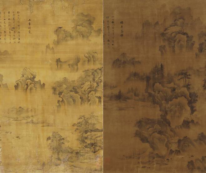 왼쪽은 미국 LA카운티미술관 소장 '산시청람도(山市晴嵐圖)', 오른쪽은 일본 야마토문화관 소장 '연사모종도(煙寺暮鍾圖·지난달 4일까지 전시)'. 원래 한 세트였던 두 그림이 처음으로 함께 걸렸다. /국립중앙박물관