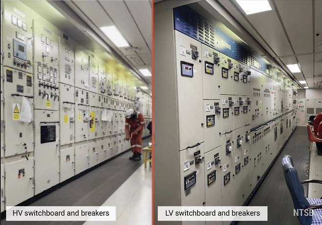 선박 엔진 제어실 안의 전력 관리 시스템. 고전압 배전반과 차단기(왼쪽), 저전압 배전반과 차단기(오른쪽). / 미 연방교통안전위원회 제공