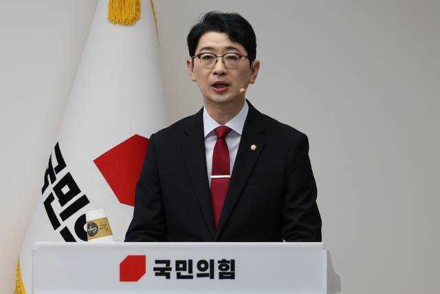 주진우 국민의힘 당대표 후보가 지난 8월3일 서울 여의도 국민의힘 당사에서 열린 제6차 전당대회 후보자 비전대회에서 비전을 발표하고 있다.<연합뉴스>