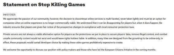 비디오 게임 유럽의 Stop Killing Games에 대한 성명 출처 = 비디오 게임 유럽 공식 홈페이지