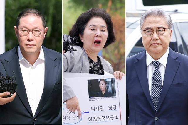조현상(왼쪽 사진부터) HS효성 부회장, 김영선 전 국민의힘 의원, 박진 전 외교부 장관이 4일 서울 종로구 김건희 특별검사팀 사무실로 조사를 받기 위해 출석하고 있다. 뉴스1
