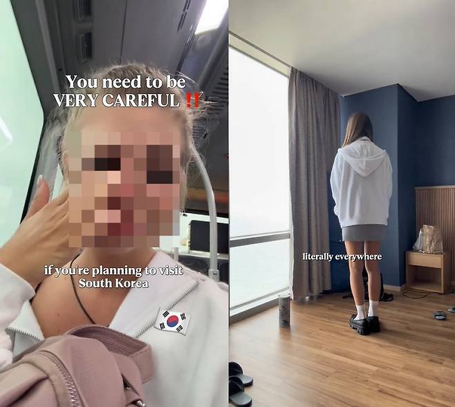 한국 여행을 온 백인 크리에이터가 공공장소 도처에서 '몰래 카메라'를 발견했다며 주의를 당부했다. 다만 그의 영상 어디에도 '몰카'는 나오지 않아 공포를 조장하는 게 아니냐는 지적도 나온다. /사진=틱톡 캡처