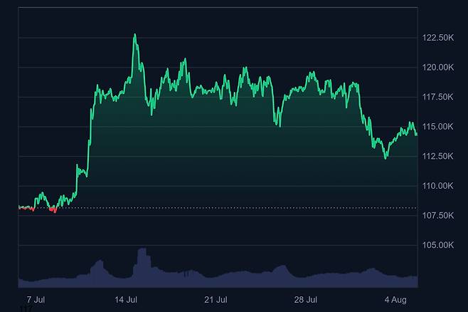 5일 오후 4시20분 가상자산 시황플랫폼 코인마켓캡에 집계된 비트코인(BTC)의 1개월간 거래가 추이./사진=코인마켓캡 갈무리