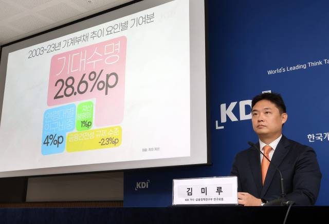 김미루 한국개발연구원(KDI) 거시·금융정책연구부 연구위원이 5일 정부세종청사에서 KDI FOCUS 인구구조 변화가 가계부채에 미치는 영향에 관해 설명하고 있다. 연합뉴스