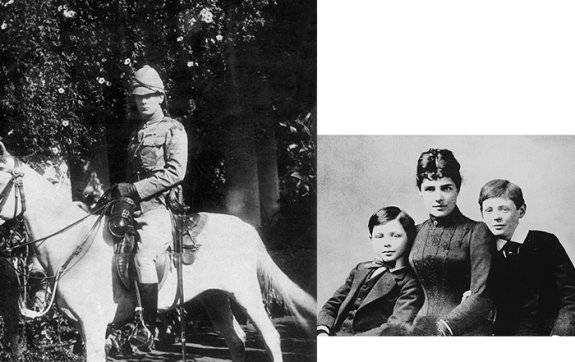 1896년 윈스턴 처칠이 인도 벵갈루루에서 하급 장교로 복무하던 시절의 모습.(왼쪽). 1884년 10세 때의 윈스턴 처칠(오른쪽), 그의 어머니 랜돌프 처칠, 그의 남동생 존 처칠.&nbsp;Gettyimage, 위키피디아