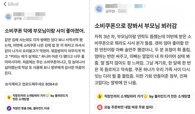 소비쿠폰 후기글. /사진=블라인드 캡처