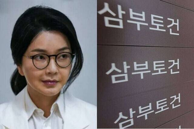 (왼쪽) 김건희 여사가 지난 6월3일 서울 서초구 제3투표소에서 투표를 하기 위해 줄을 서 있는 모습. (오른쪽) 서울 중구 삼부토건 본사. 공동취재사진, 연합뉴스