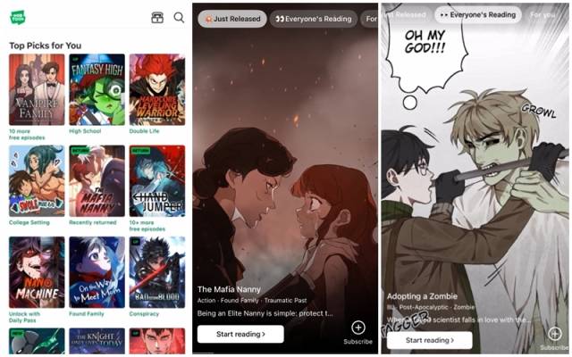 A screenshot from Naver Webtoon's "New & Hot" feature shows trailer-style highlights of popular series on the platform's North American app. (Naver Webtoon)