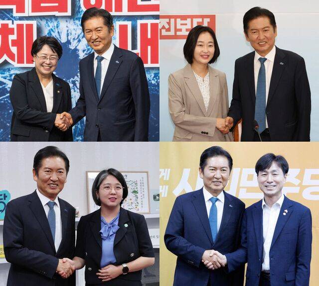 정청래 더불어민주당 대표가 5일 국회에서 국민의힘을 제외한 야당 대표와 만나 악수하고 있다. 왼쪽 위부터 시계방향으로 김선민 조국혁신당 대표 권한대행, 김재연 진보당 상임대표, 한창민 사회민주당 대표, 용혜인 기본소득당 대표. 이병주 기자, 연합뉴스