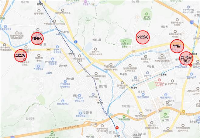 안양시가 재건축 추진위를 승인한  5곳 위치도./사진제공=안양시