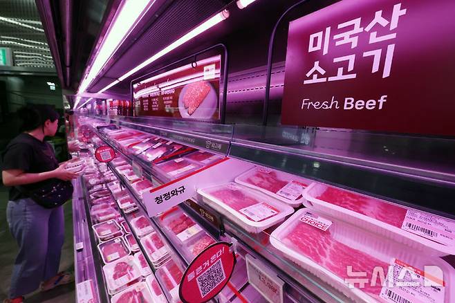 [서울=뉴시스] 조성우 기자 = 최근 미국산 소고기 가격이 평년보다 30% 이상 급등한 것으로 알려진 29일 서울 시내 한 대형마트에서 시민이 소고기를 살펴보고 있다. 2025.06.29. xconfind@newsis.com