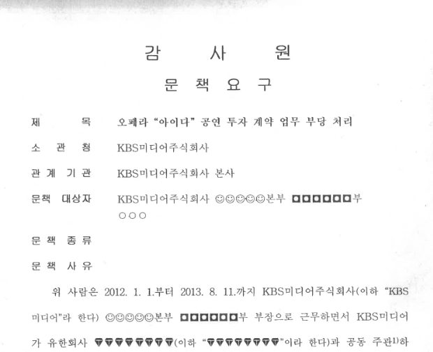 감사원은 2014년 3월 KBS미디어가 투자한 오페라 아이다 사업에 대한 감사 결과를 발표했다. 사진은 당시 감사결과문.