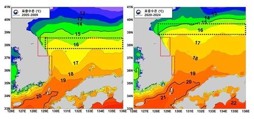 동해 등수온선의 변화 비교 (왼쪽 2005∼2009년과 오른쪽 2020∼2024년) [국립수산과학원 보도자료 발췌. 재판매 및 DB 금지]
