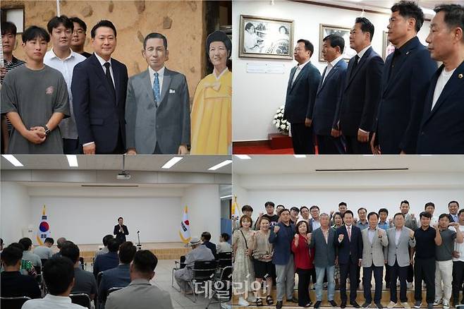 장동혁 국민의힘 당대표 후보가 6일 경북 구미시에 위치한 박정희 전 대통령 생가를 찾아 사진 촬영을 하고 있는 모습(위쪽)과 대구시당을 찾아 대구·경북 당원들과 간담회를 열고 있는 모습 ⓒ장동혁 캠프