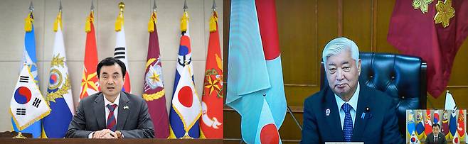 안규백 국방부 장관이 7일 오후 나카타니 겐 일본 방위대신과 취임인사차 화상 공조통화를 하고 양국 국방교류협력과 지역정세에 관해 논의하고 있다. 국방부 제공