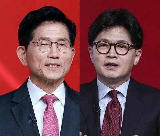 국민의힘 한동훈 전 대표(오른쪽)과 김문수 당 대표 후보. 뉴스1