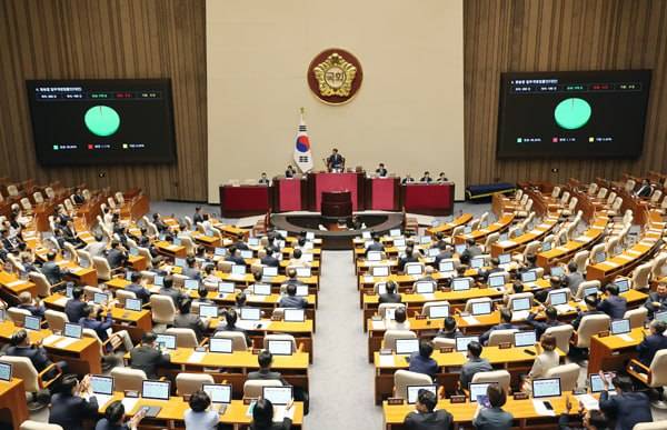 ▲지난 5일 국회 본회의에서 방송법 일부개정법률안이 통과되고 있는 모습. ⓒ연합뉴스