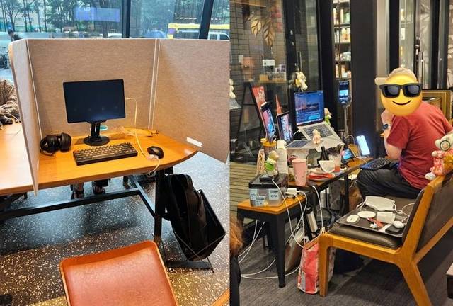 국내 한 스타벅스 매장에 한 고객이 칸막이를 설치하고 데스크탑 모니터를 놓았던 사건이 인터넷을 뜨겁게 달궜다. 오른쪽 사진은 한 일본의 카페에서 각종 전자기기를 설치해 민폐 논란이 나왔던 고객. 뉴시스
