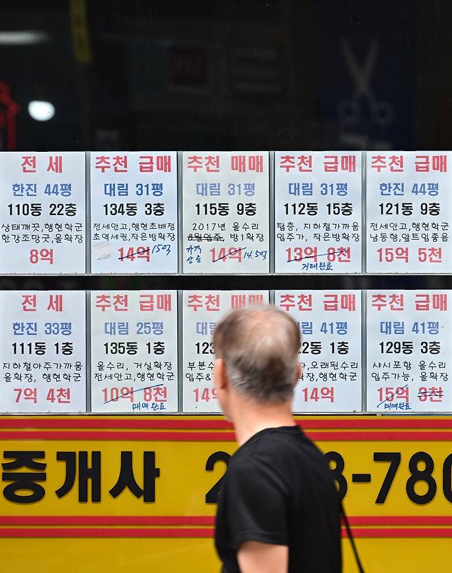지난달 서울 성동구의 한 부동산에 아파트 매물 광고가 게시돼 있는 모습. 이상섭 기자