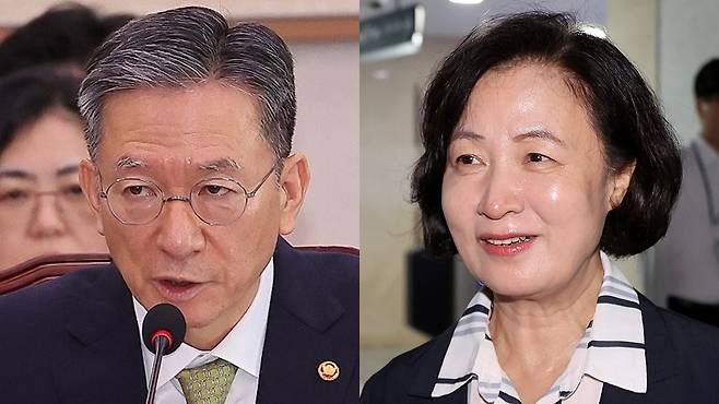 정성호 법무부 장관과 추미애 더불어민주당 의원. [연합]