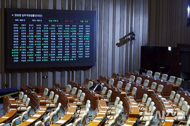 [서울=뉴시스] 고승민 기자 = 5일 서울 여의도 국회에서 열린 제427회 국회(임시회) 제3차 본회의에서 방송법 일부개정법률안(대안)이 가결되고 있다. 2025.08.05. kkssmm99@newsis.com